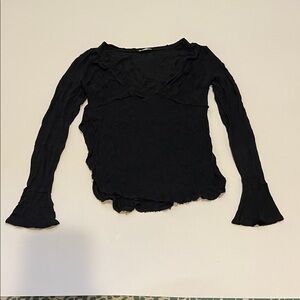 Free People Chic Sheer Black Long Sleeve Low V Neck Women's Top